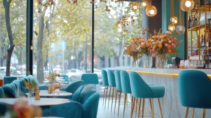 Elegant Cafe Ambiance: Interior shot of an upscale cafe, showcasing teal chairs and ambient lighting, with a beautiful outside view.