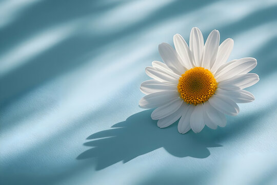 Fototapeta Single daisy flower on a serene blue background, bathed in soft sunlight, casting a delicate shadow.  Perfect for nature, spring, or wellness themes.