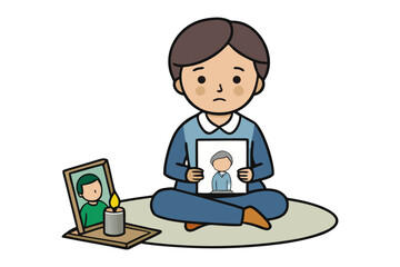 A sad child holding a picture of an elderly person next to a candle and a framed photograph