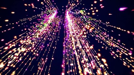 Dynamic digital stream of golden and pink light particles flying at high speed through dark virtual space, futuristic visualization of energy flow and data transmission