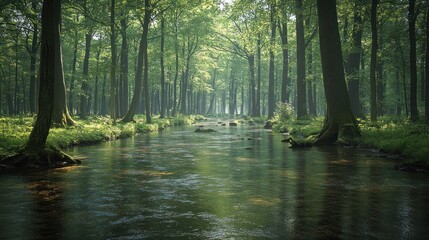 Tranquil forest stream. Lush greenery, sunlight filters through trees