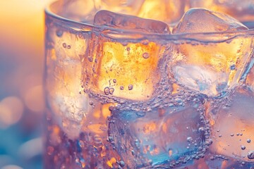 Close-up of ice cubes and bubbles in a refreshing drink