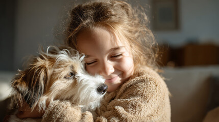 Happy child hugs fluffy pet dog in warm sunlit room, showing pure joy and comfort