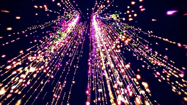 Dynamic digital stream of golden and pink light particles flying at high speed through dark virtual space, futuristic visualization of energy flow and data transmission
