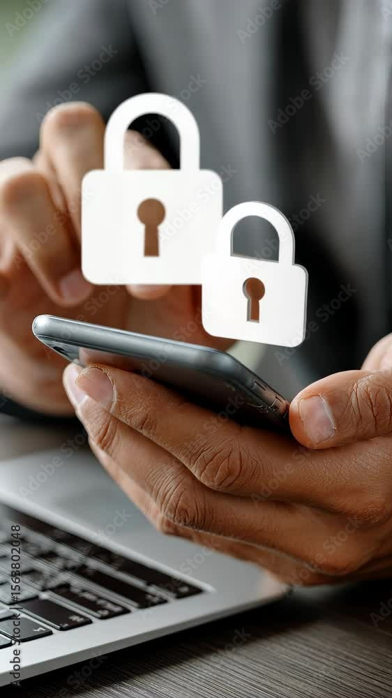 Poster protecting personal information while using a smartphone at work in a modern office environment