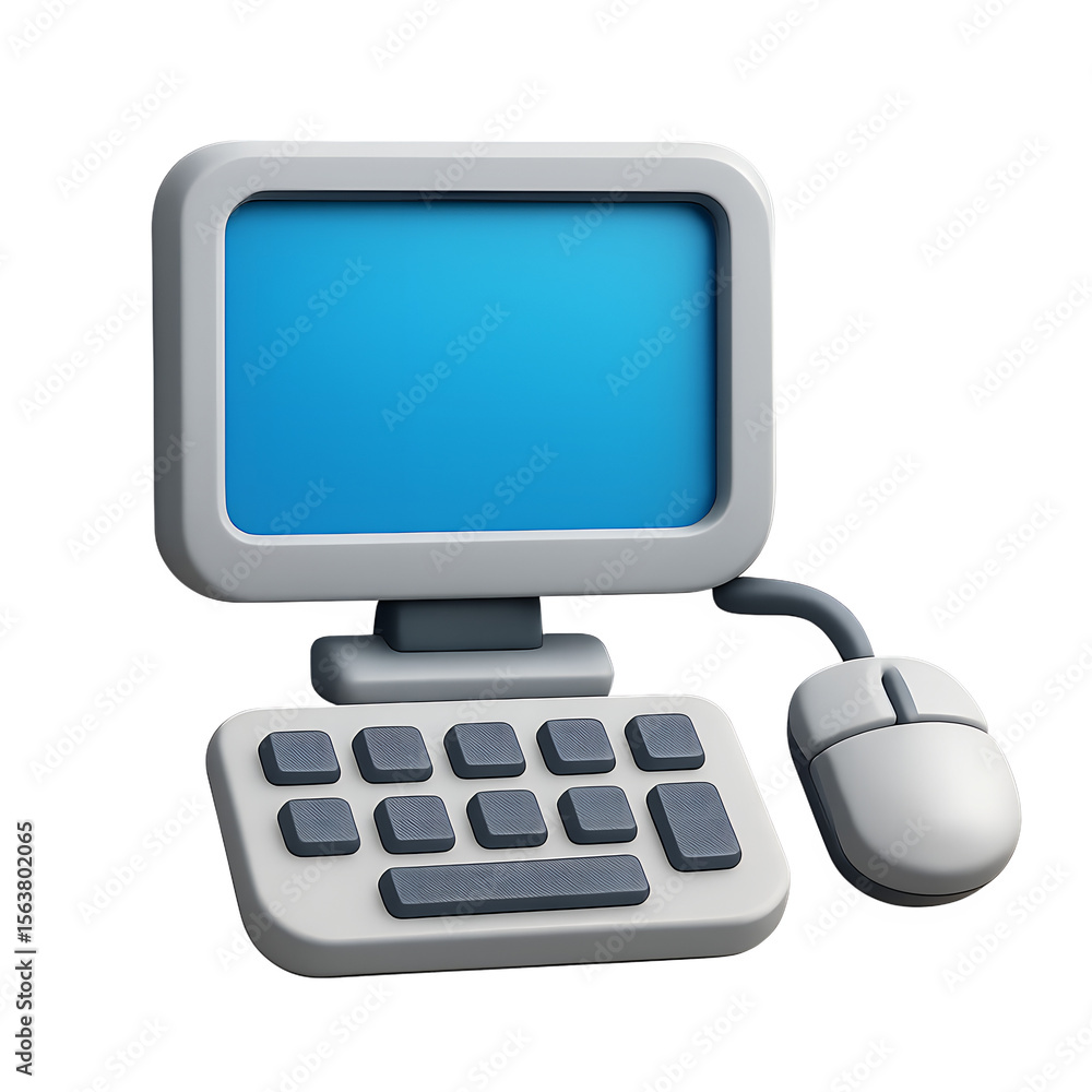 Poster cartoon computer setup with monitor keyboard and mouse for digital art and designs