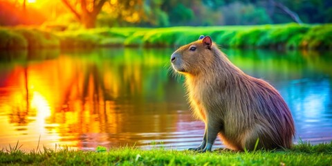 Capybara at Sunset by a Serene Water's Edge, Enjoying the Warm Golden Hues of the Evening Light