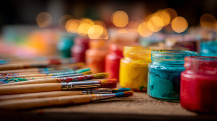 Vibrant paint jars and brushes inspire artistic creativity on cozy wooden table