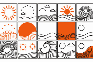 Abstract Weather Icon Set- Sun Clouds Waves- Minimalist Graphic Design- Orange and Black- Vector Illustration- Modern Art Print