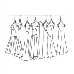A minimalist one-line drawing shows cloths hanging on hangers from a rod against a white background.