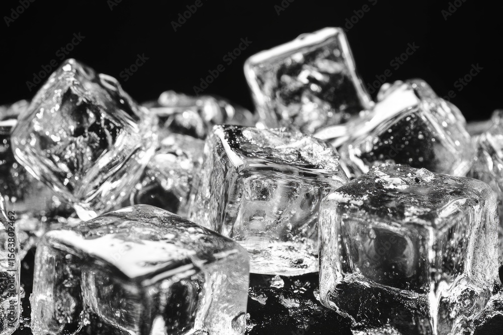 Poster crystal-clear ice cubes melting slowly against a dark backdrop, creating a refreshing and cool visua