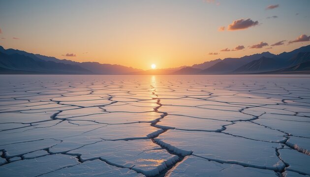 Spectacular salt flat at sunset illuminating cracks with mountain backdrop