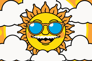 Cartoon Sun with Sunglasses Illustration - Cheerful Summer Vibes - Bright and Sunny Day Artwork - Cute and Playful Graphic Design - Smiling Sun Character in Clouds