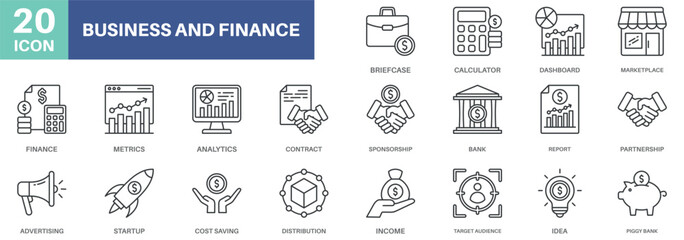 business and finance pack outline concept design icons set collections, simple style design inspiration for any interface and purpose suitable for symbols and more