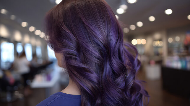 Confident female with vibrant purple hair. Beautiful long wavy hairstyle. Modern beauty