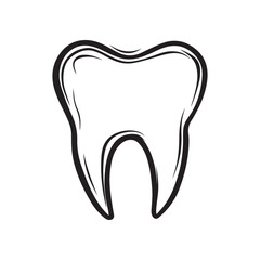 Black and white hand-drawn vector illustration of a healthy human tooth isolated on a clean white background. Simple dental hygiene design element.