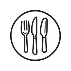 Simple black and white vector icon of cutlery set including fork, dinner knife, and butter knife within a circle, representing dining, restaurant, or food service.