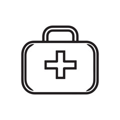 Simple black and white outline icon of a first aid kit with a medical cross, vector illustration