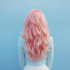 Young woman with long light pink wavy hair, back view