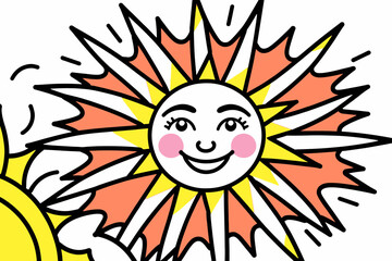 Cute Cartoon Sun Illustration-Smiling Sun with Pink Cheeks and Eyelashes-Bright and Cheerful Sunshine Image-Kids Coloring Page-Summer Theme Clipart