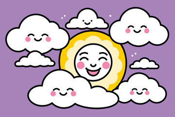 Cute Smiling Sun and Clouds Illustration - Kawaii Weather Art for Kids - Pastel Sky Background - Cheerful Cartoon Sun with Pink Cheeks and Happy Clouds