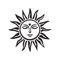 Stylized sun with serene face illustration, a spiritual celestial symbol in black and white.