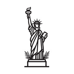 Simple black and white vector illustration of the iconic Statue of Liberty, a famous American landmark and symbol of freedom.