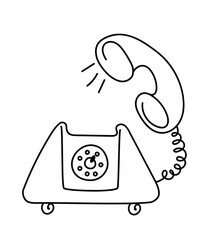 retro phone.  Hand drawn line drawing for connection concept.Vector doodle illustration