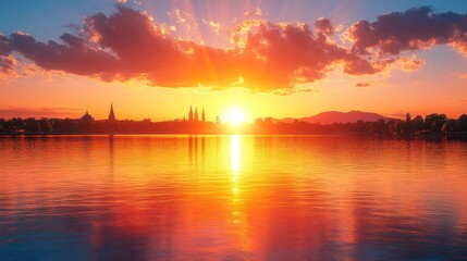 Vivid sunset over lake, city skyline reflected