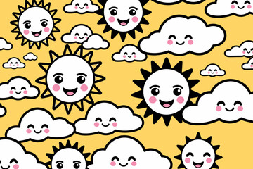 Cute Smiling Suns & Clouds Illustration- Whimsical Weather Pattern with Cheerful Kawaii Faces- Perfect for Kids Designs & Sunny Day Projects