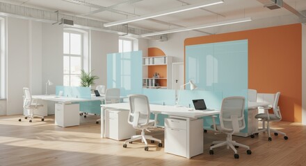 Modern Office Interior Design Featuring Collaborative Workspaces and Bright Natural Light Creating an Inspiring Professional Atmosphere