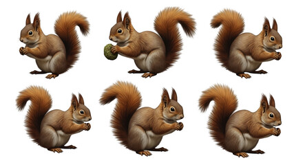 Fototapeta premium Charming Illustrations of Squirrels Engaging with Nuts in Playful Poses That Capture Their Delightful Behavior for Wildlife Enthusiasts, isolated on a transparent background