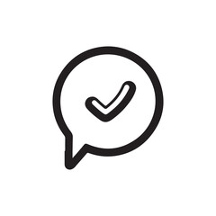 Black and white vector icon of a checkmark inside a speech bubble, symbolizing approval, confirmation, or success. Simple graphic design element.