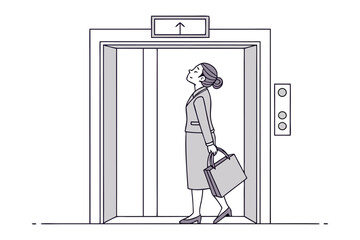 A stylish businesswoman with a briefcase enters an elevator looking up with a hopeful expression towards the illuminated floor indicator