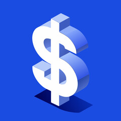 Isometric White Dollar Sign on Blue Background Financial Symbol