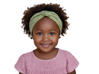 Smiling and happy little African-American girl wearing pink top and green headband with afro hair, isolated on white or transparent background