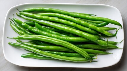 Fresh green beans on a white plate studio shot healthy eating concept