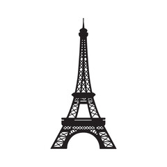 Black vector silhouette of the Eiffel Tower isolated on a white background, a classic symbol of Paris and France.