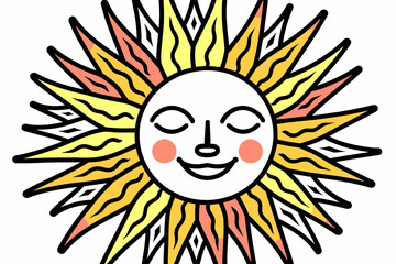 Happy Smiling Sun Illustration- Whimsical Sun Face with Yellow and Orange Rays- Bright and Cheerful Sun Art- Vintage Style Sun Design- Positive Energy Symbol