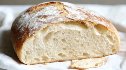 Close up of Sliced Rustic Artisan Bread Loaf Showing Open Crumb Texture