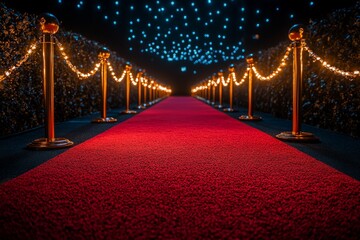 Luxurious red carpet walkway adorned with elegant lights and stanchions