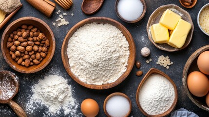 Baking ingredients arranged on a dark surface