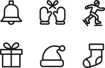 Festive Winter Icons Depicting Christmas and Seasonal Activities in a Simple Outline Style Design
