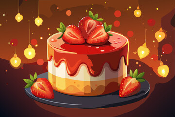 Delicious Strawberry Cake with Drizzled Glaze Festive Lights Background