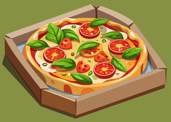Delicious Margherita Pizza in Cardboard Box Fresh Basil Tomatoes