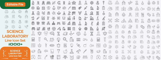Laboratory and Science line editable icon set. Containing experiment, test tube, microscope, flask, chemical, biology, research, lab and more. Editable stroke. Vector illustration