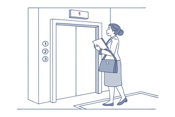 Professional woman with documents and handbag waits for elevator on a floor with numbered buttons indicating floor one © FARHANA