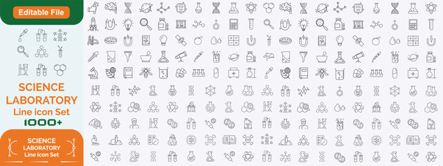 Laboratory and Science line editable icon set. Containing experiment, test tube, microscope, flask, chemical, biology, research, lab and more. Editable stroke. Vector illustration