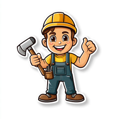 A cute, cartoon construction worker, wearing a hard hat and safety vest, holds a hammer. 