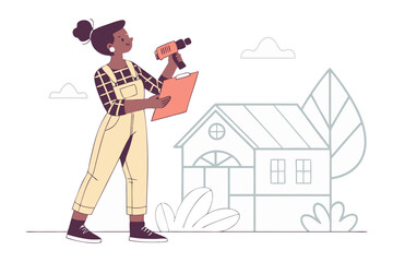 Skilled woman in overalls holding a drill and clipboard ready for home improvement projects near a stylized house and tree